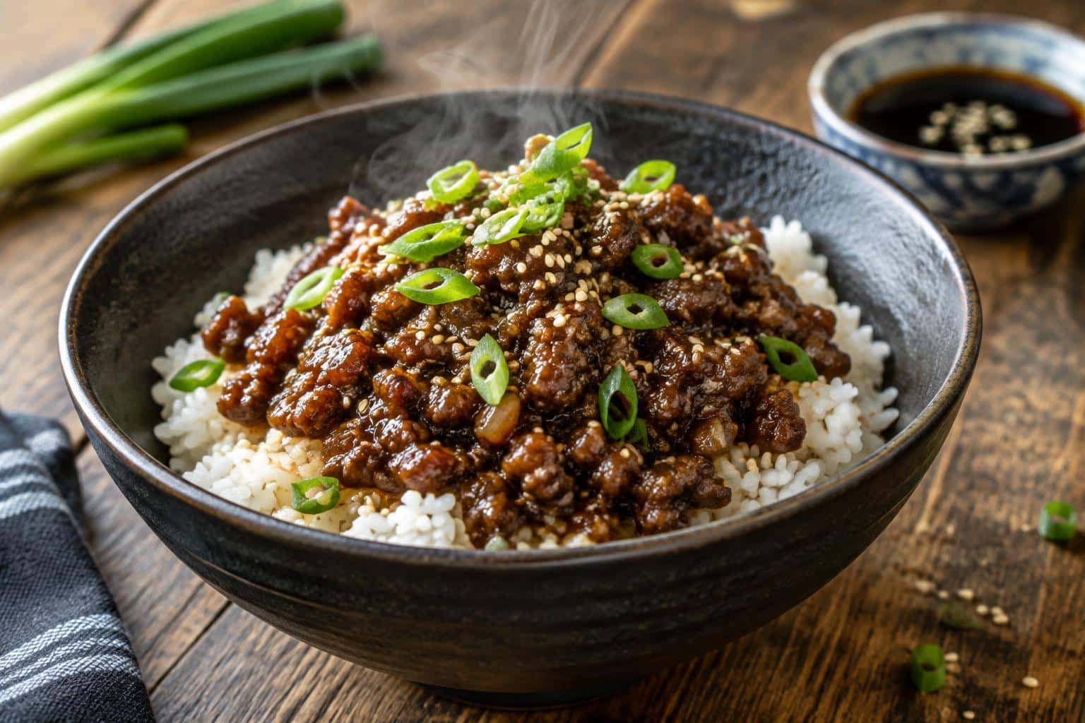 mongolian ground beef served over rice with green onions and sesame seeds