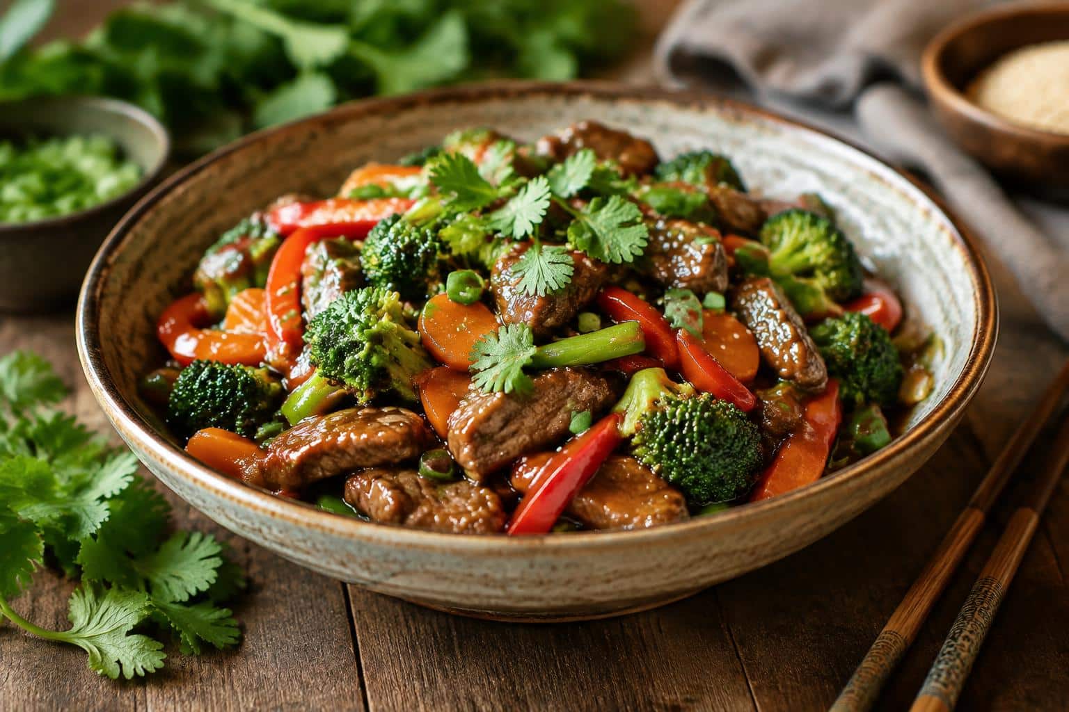 Set-and-forget crockpot Chinese food recipe with meat, vegetables, and sauce in a rustic bowl