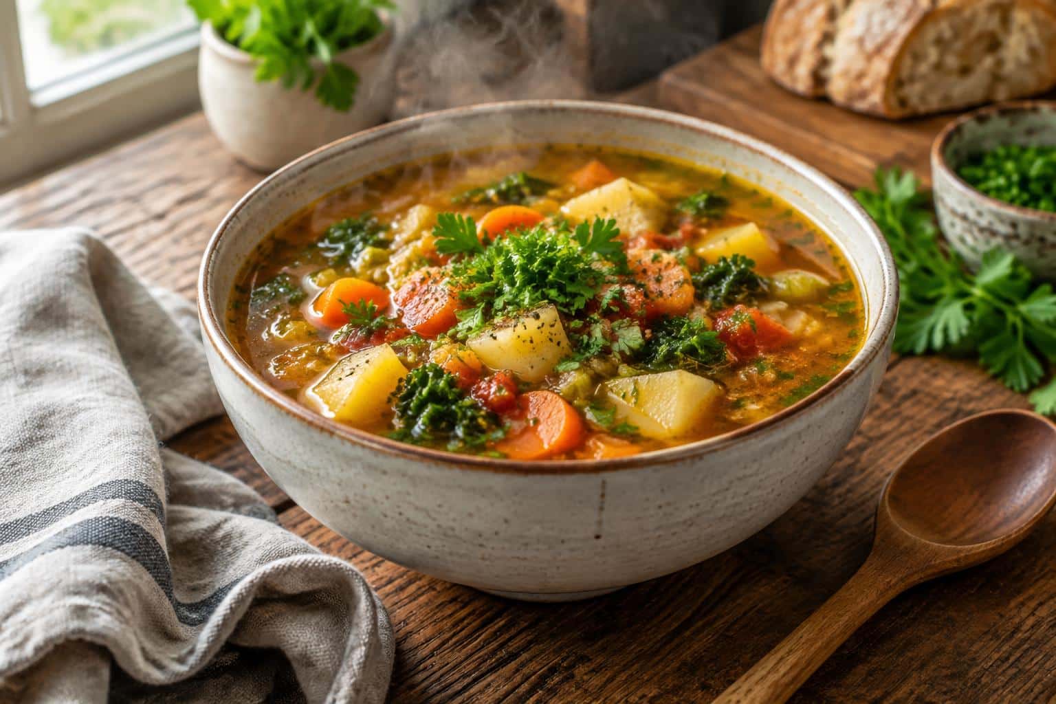 Steaming bowl of winter soups garnished with fresh parsley on rustic table