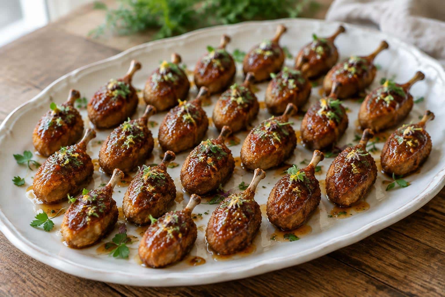 Platter of 24 duck nail ideas shaped appetizers with golden crust and fresh herb garnish