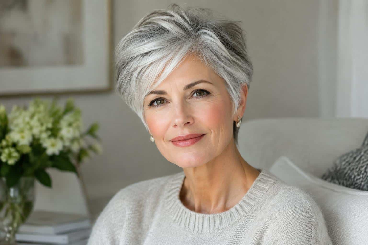 easy hairstyles for women over 60 showing elegant short silver hair with soft natural lighting