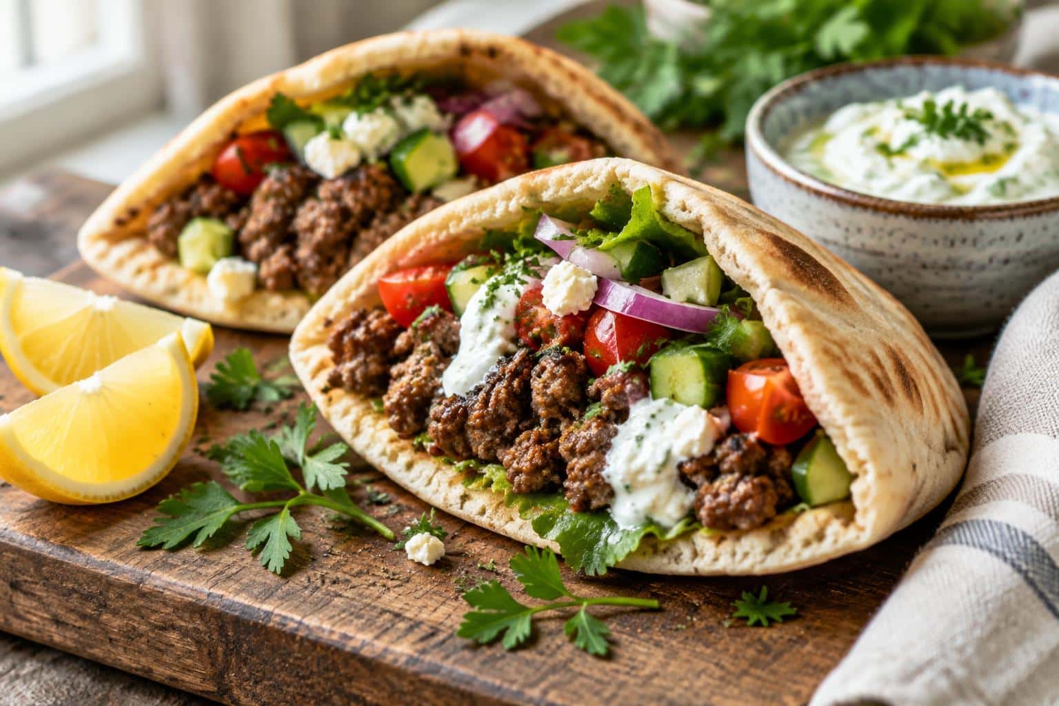 Mediterranean ground beef pita pockets garnished with parsley and lemon wedges