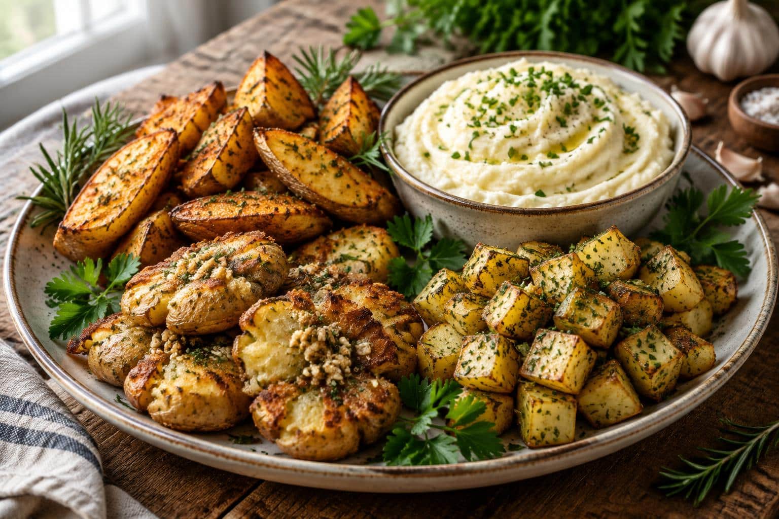 Assorted potato side dishes including roasted wedges, mashed potatoes, and smashed potatoes with herbs, showcasing potat