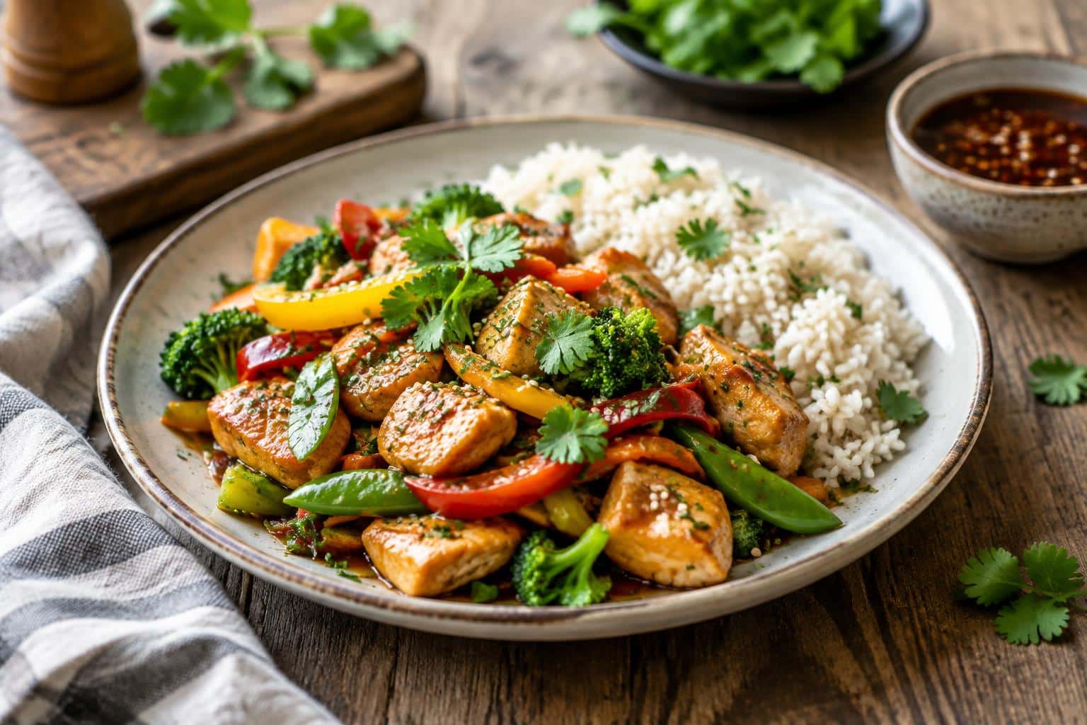 Quick prep dinners plate featuring chicken stir-fry with vegetables and rice, showcasing quick prep dinners