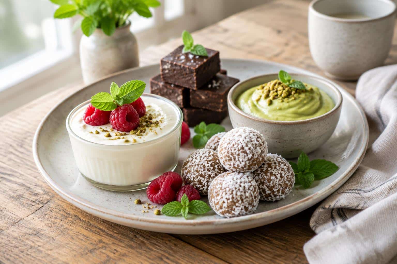 Plate of assorted easy 3-ingredient sugar-free desserts perfect for diabetics with fresh garnish