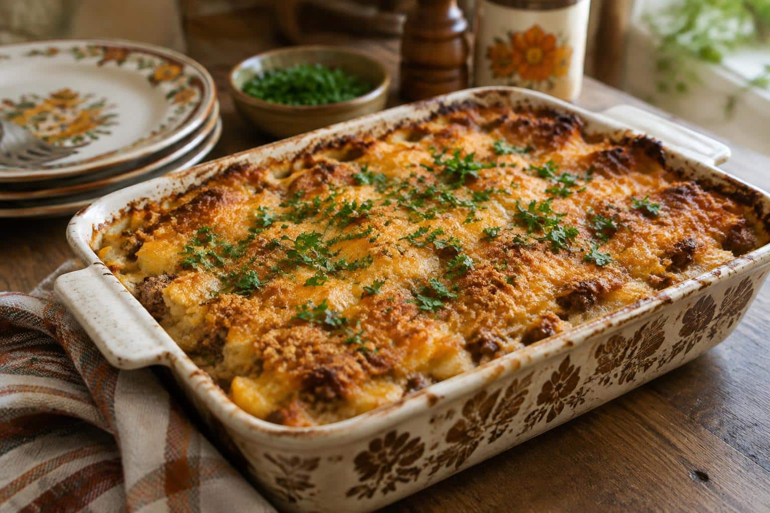 Golden-brown classic 70s comfort casserole garnished with parsley on rustic table