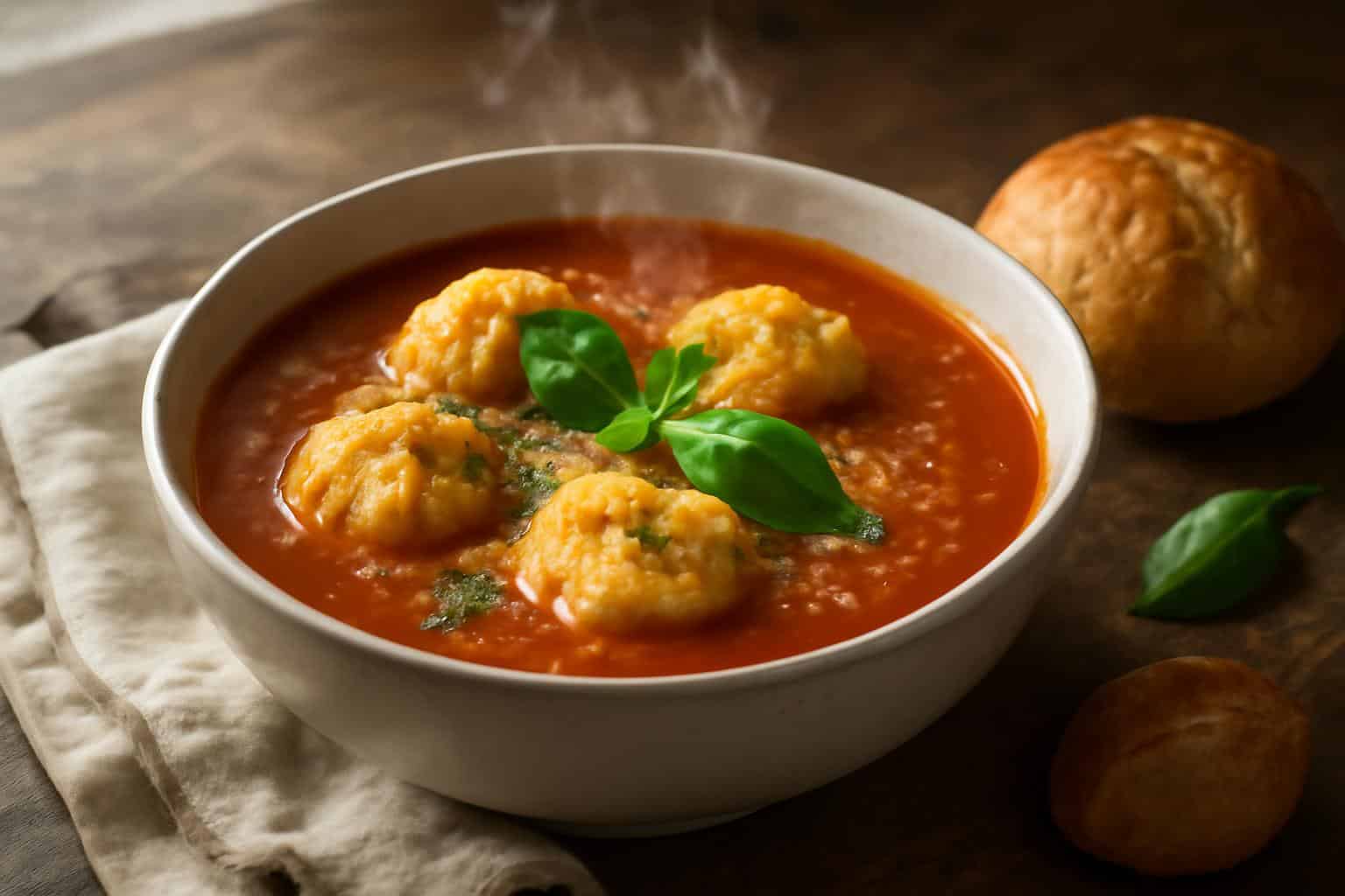 bowl of cheese dumpling tomato soup garnished with basil and Parmesan cheese