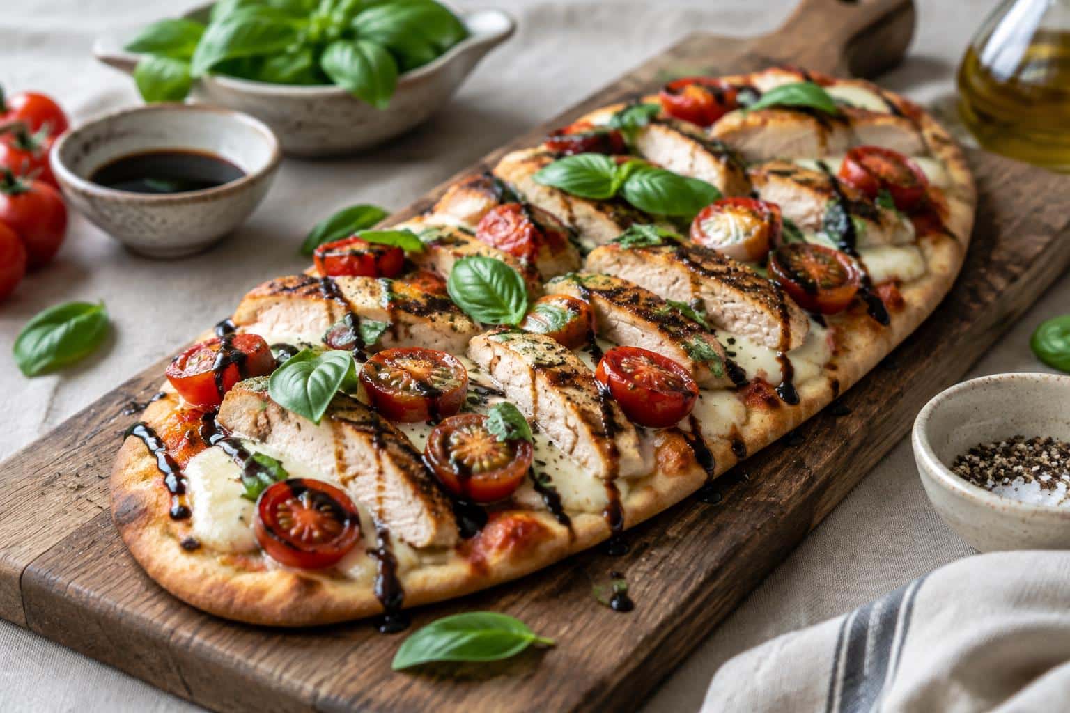 freshly baked chicken caprese flatbread with basil, mozzarella, and cherry tomatoes