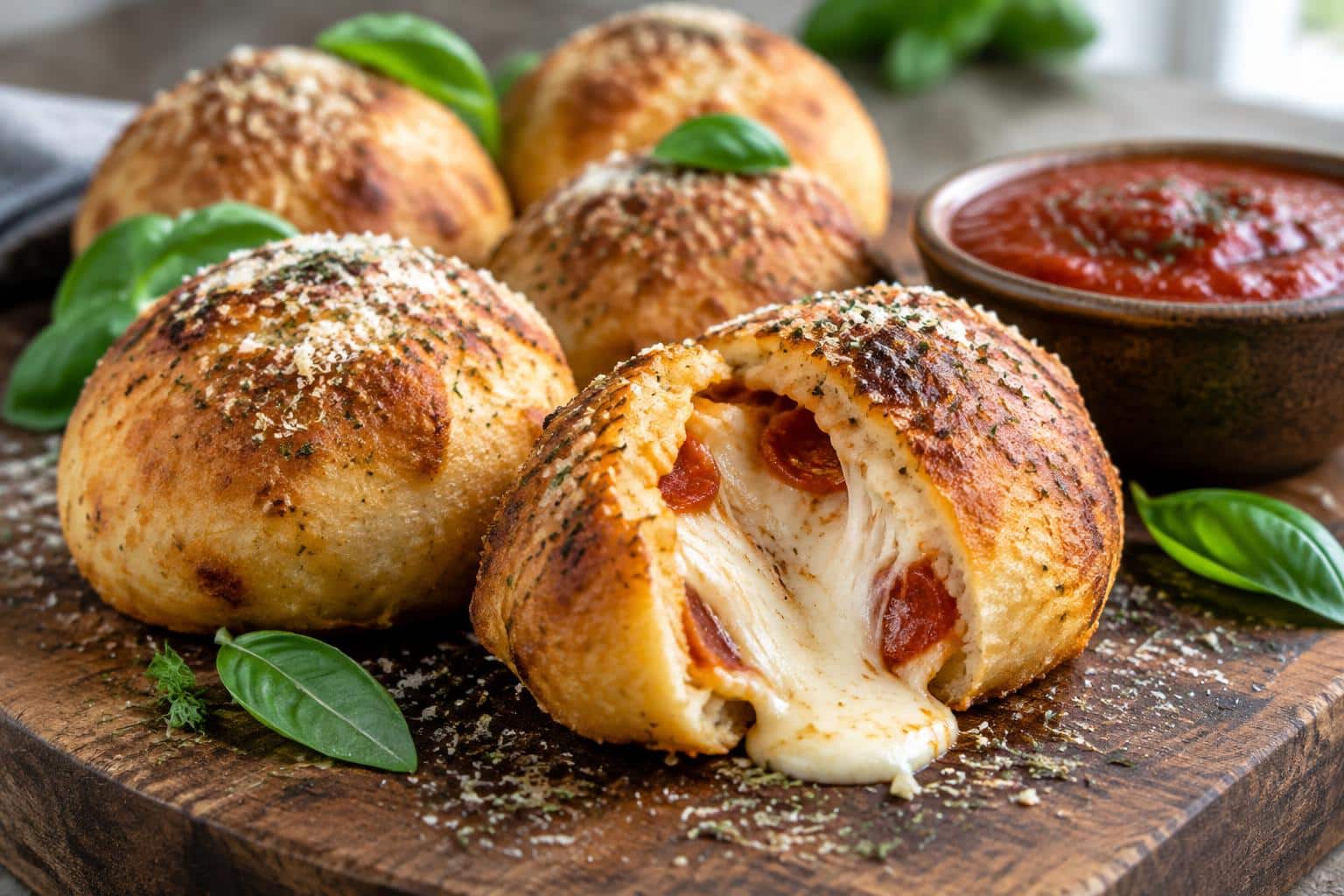 Freshly baked pizza bombs with melted cheese and basil garnish on rustic board featuring pizza bombs