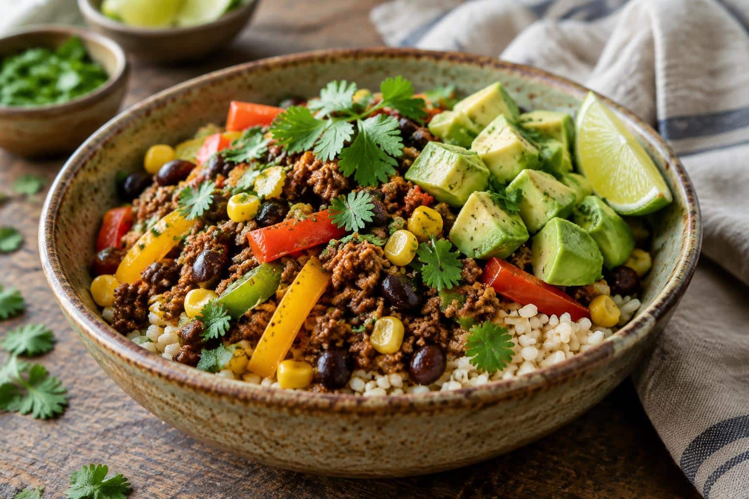 Delicious taco rice bowl with seasoned beef, black beans, corn, avocado, and cilantro in a rustic bowl