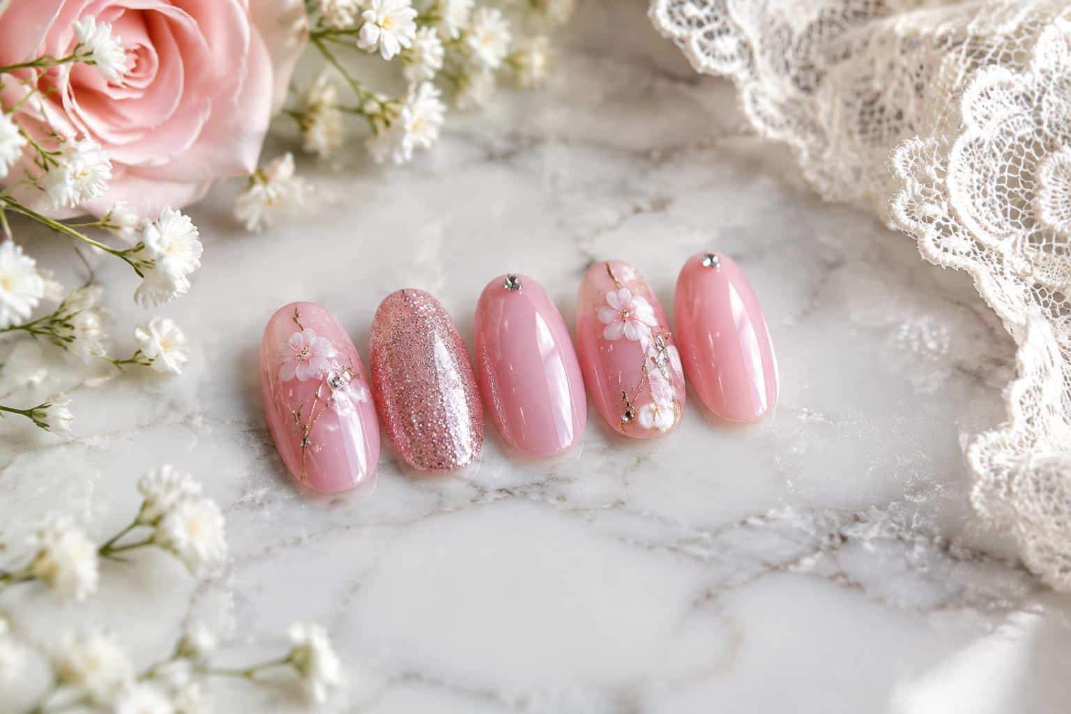 Glossy prom nails diy with pink and glitter polish on marble surface