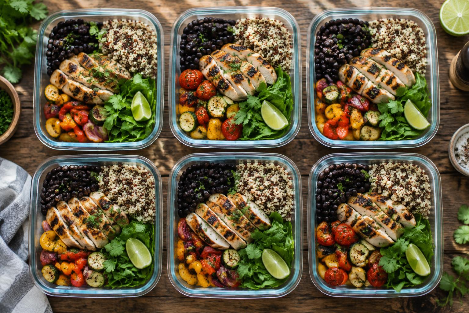 Six high protein work lunches in containers with grilled chicken, quinoa, and vegetables