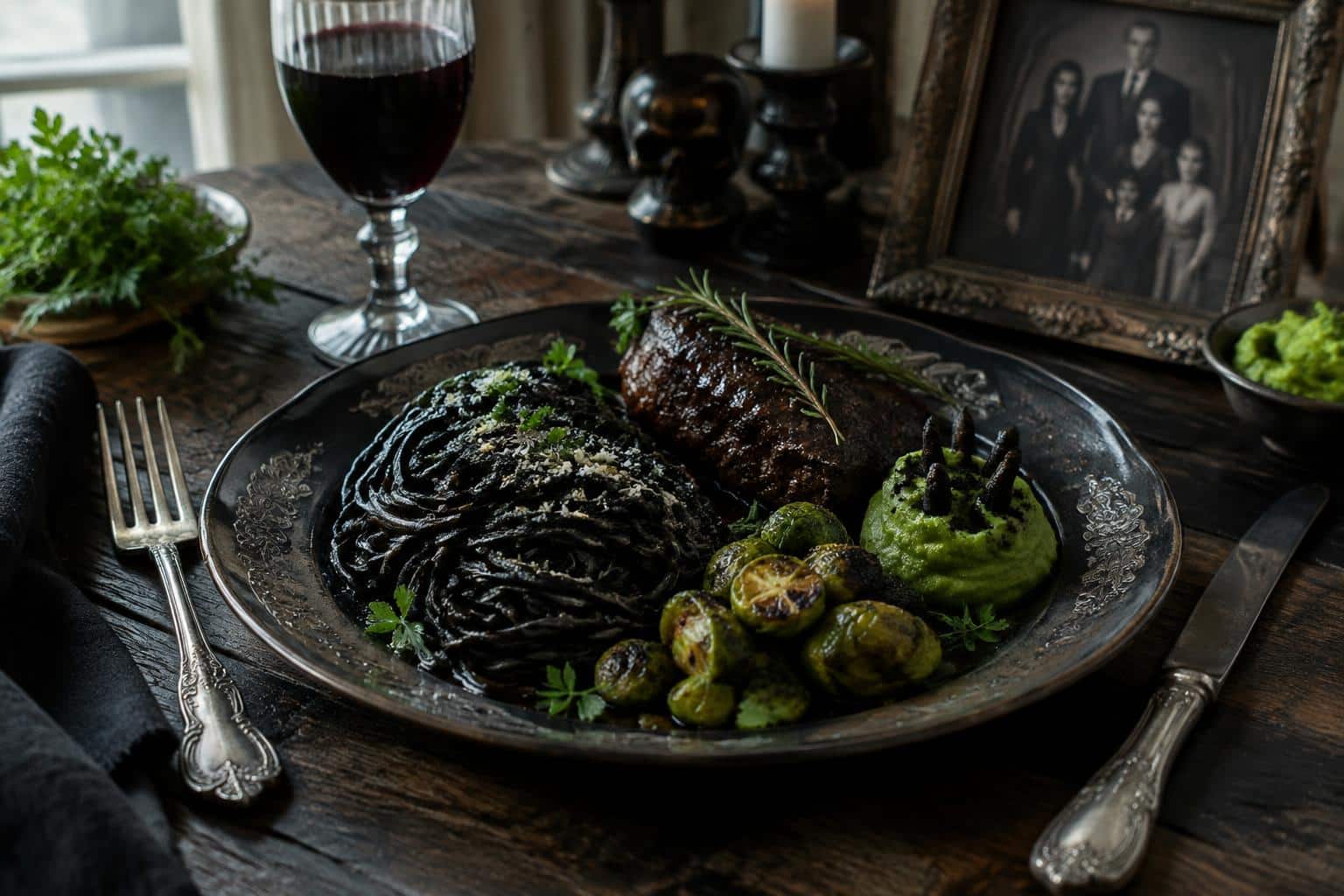 Addams family dinner themed menu with gothic black pasta and dark roasted meat served elegantly