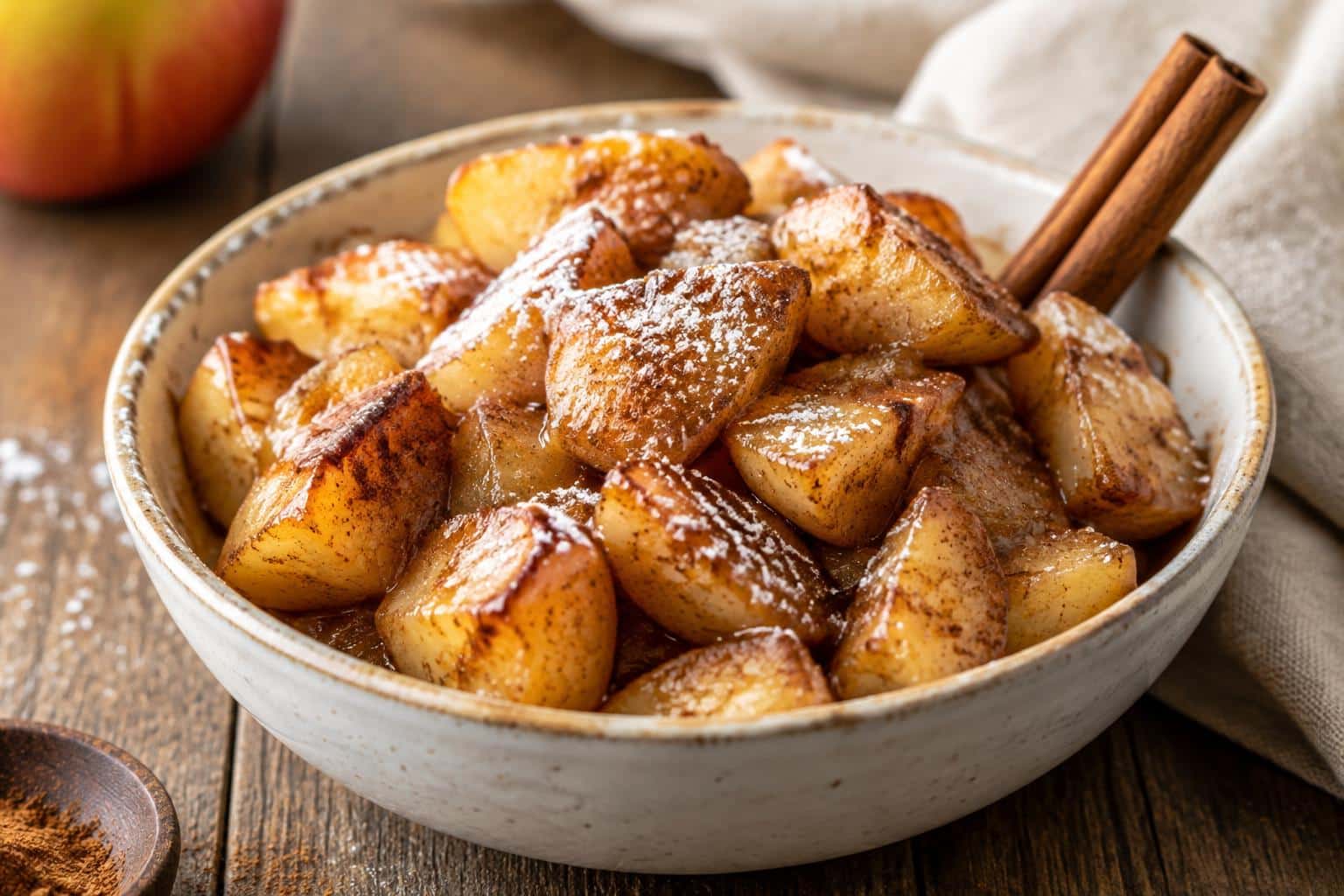 Warm air fryer cinnamon apples in a bowl garnished with cinnamon sticks and powdered sugar