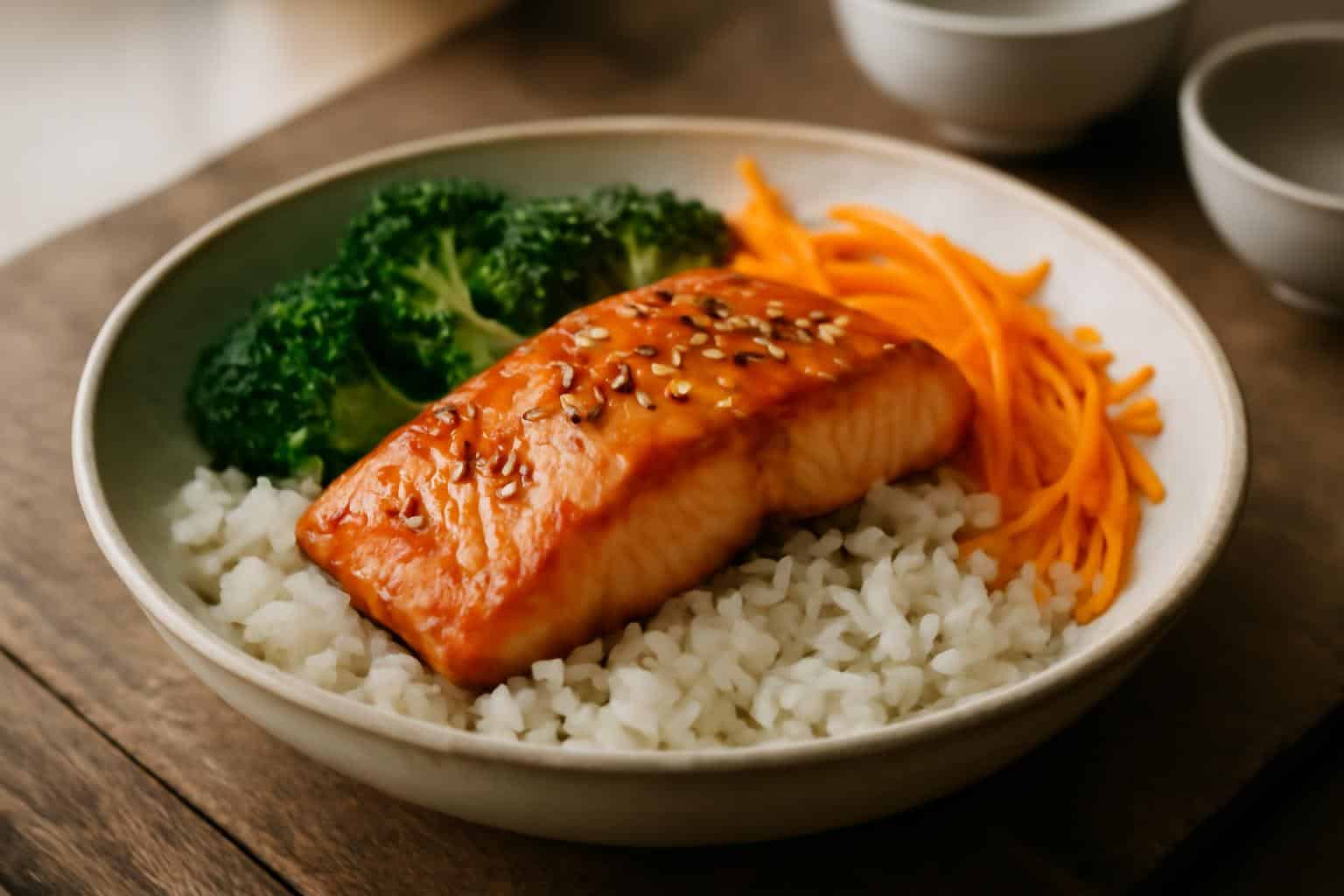 Air fryer honey glazed salmon bowl with rice and vegetables, garnished with sesame seeds