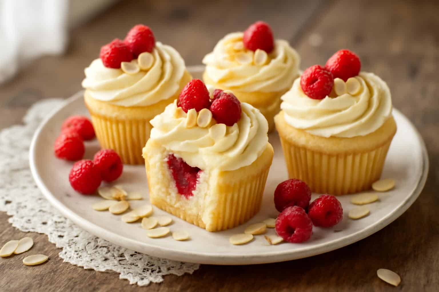 Almond wedding cake cupcakes with raspberry filling on a rustic plate garnished with fresh raspberries and slivered almo