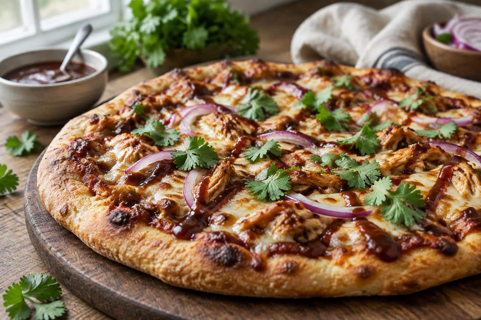Delicious BBQ chicken pizza with melted cheese, red onions, and fresh cilantro on a wooden board