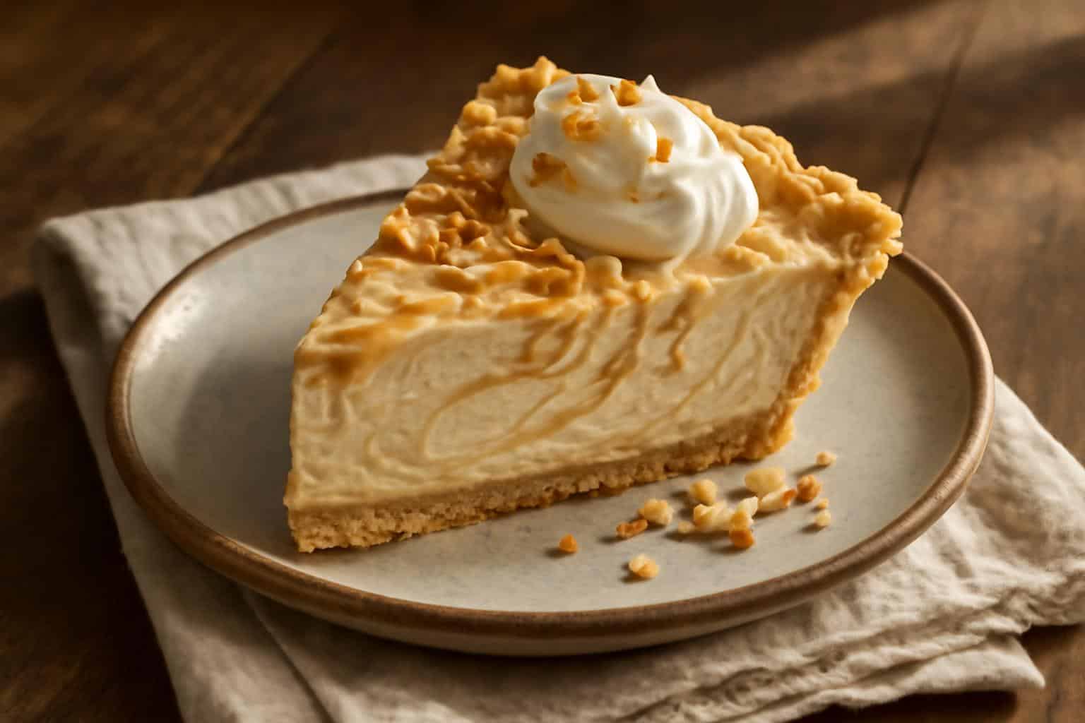 Slice of Amish peanut butter pie with creamy filling and peanut garnish