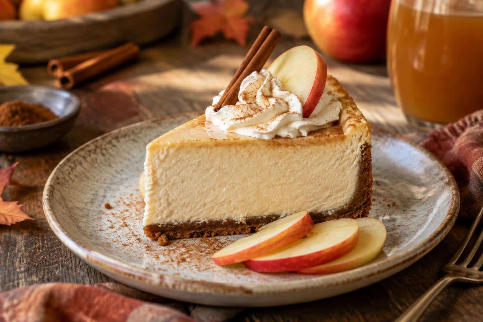 A creamy slice of apple cider cheesecake garnished with cinnamon stick and fresh apple slices