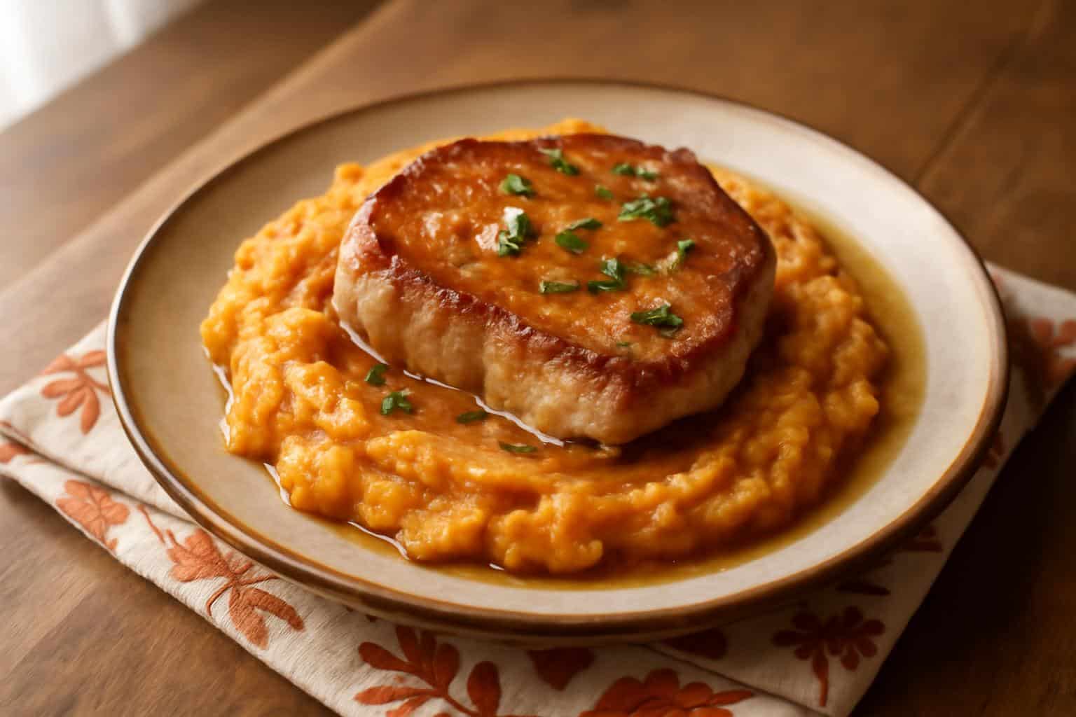 Plate of apple cider pork with mashed sweet potatoes garnished with fresh thyme