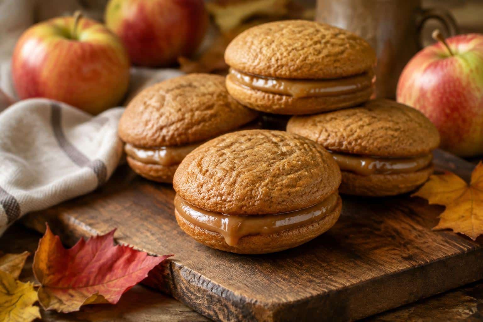 Apple cider whoopie pie cookies with caramel filling on rustic wooden board
