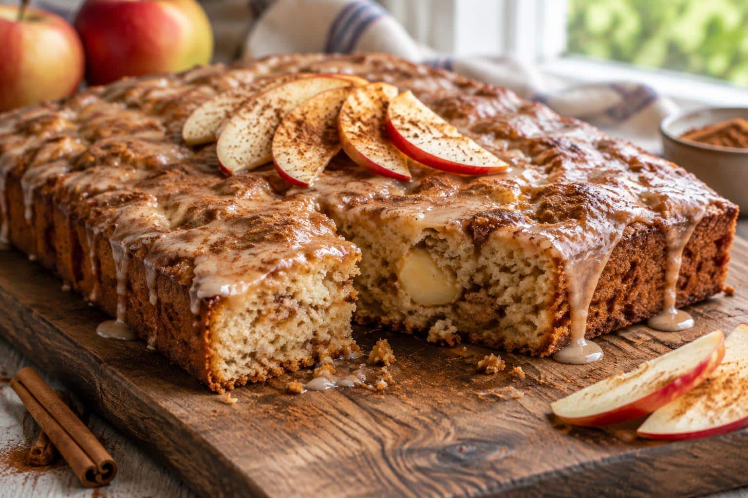 Moist apple cinnamon sheet cake with cinnamon glaze and fresh apple garnish