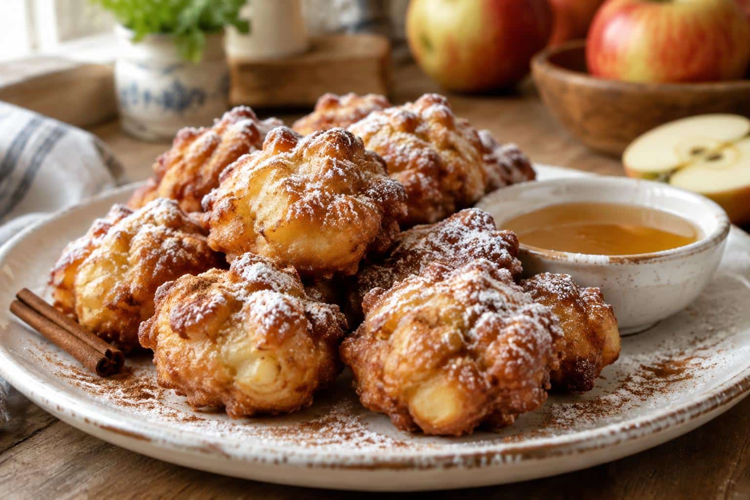 Golden apple fritter bites dusted with powdered sugar, perfect sweet snacks dessert