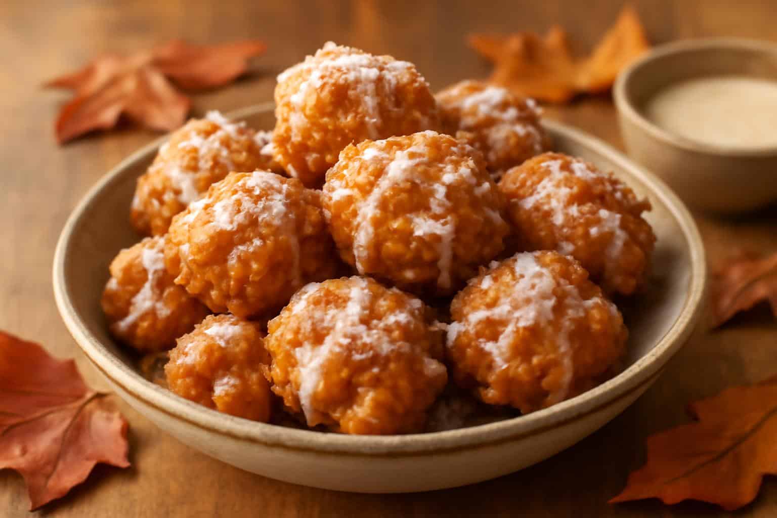 Golden apple fritter bites dusted with powdered sugar and glaze, a quick easy sweet snack