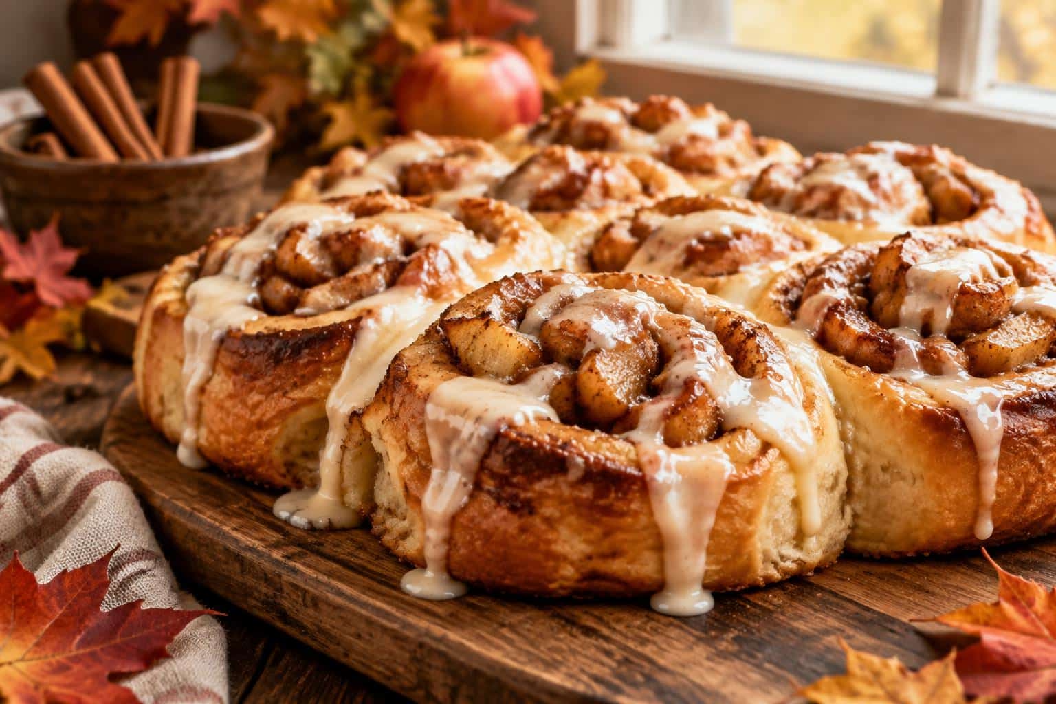 Freshly baked apple pie cinnamon rolls drizzled with vanilla glaze on rustic board