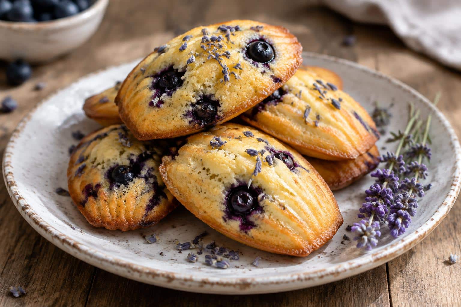 stack of vegan madeleines with blueberry and lavender on a white plate, vegan madeleines
