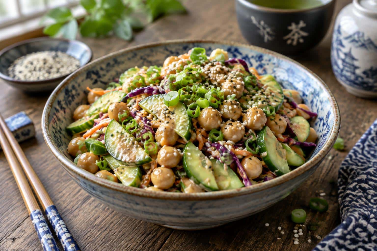 Asian cucumber slaw with chickpeas in sesame dressing garnished with sesame seeds and scallions