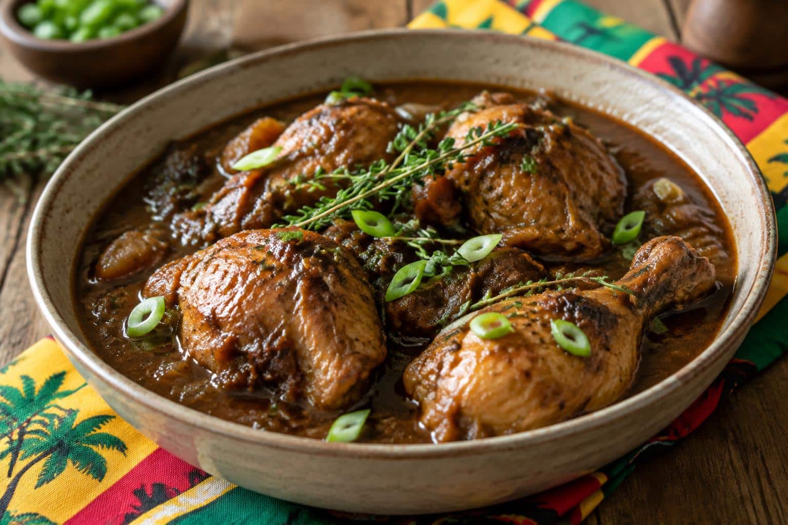 Plate of brown stew chicken with rich brown sauce and fresh herbs, showcasing brown stew chicken