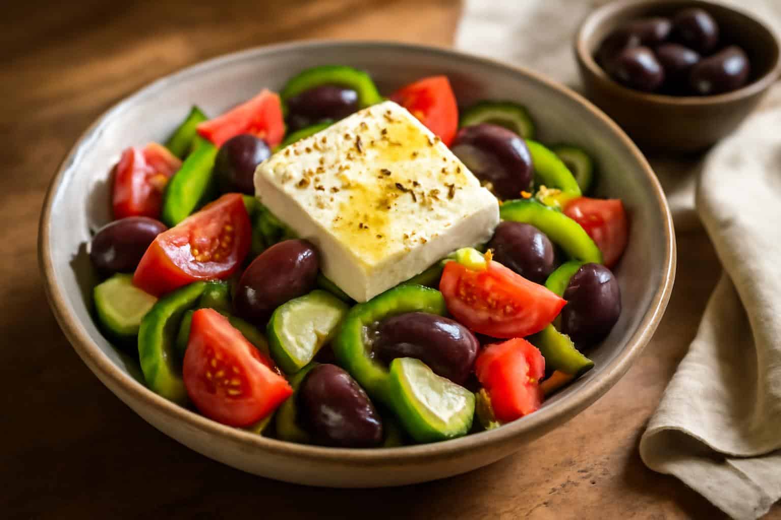 Fresh authentic greek salad recipe with tomatoes, cucumbers, olives, and feta cheese