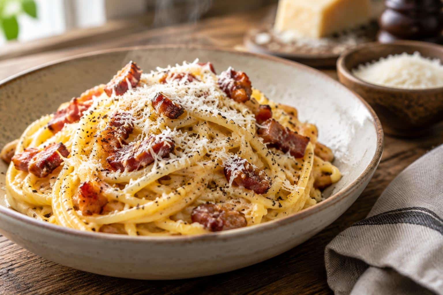 Authentic italian carbonara with crispy pancetta served in a white bowl garnished with black pepper