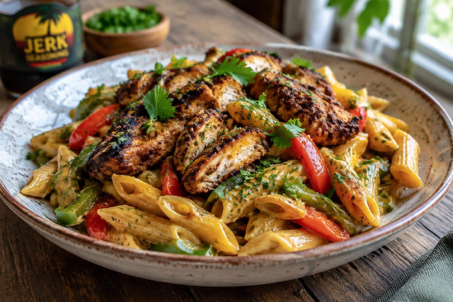 plate of authentic jerk chicken rasta pasta with grilled chicken and colorful bell peppers