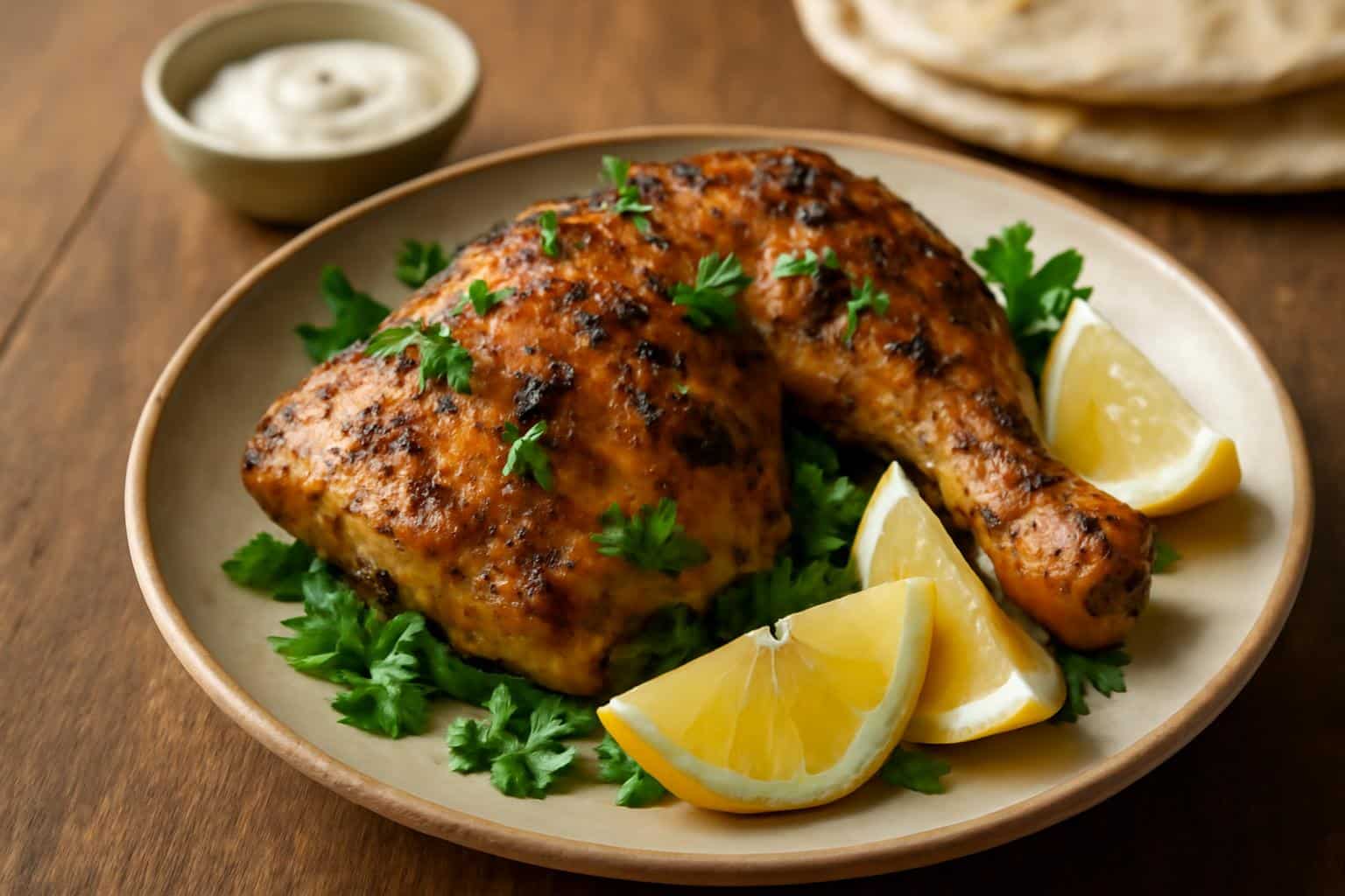 Authentic lebanese chicken recipe served on a rustic plate with lemon and parsley garnish