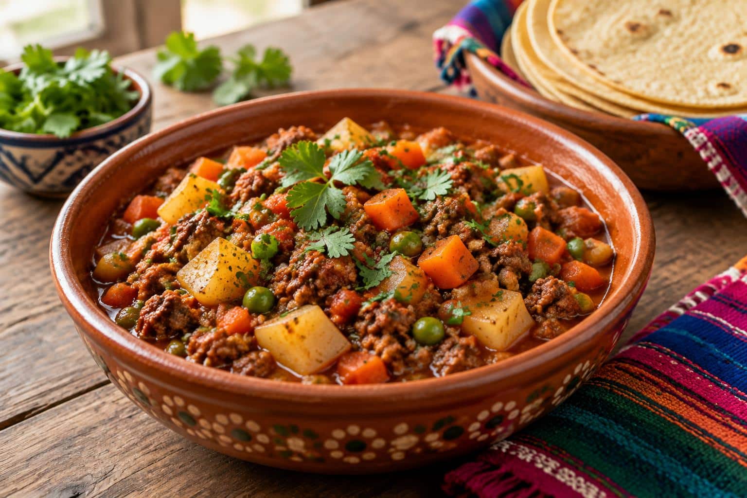 Mexican picadillo in a bowl garnished with cilantro, showing ground beef and vegetables in tomato sauce