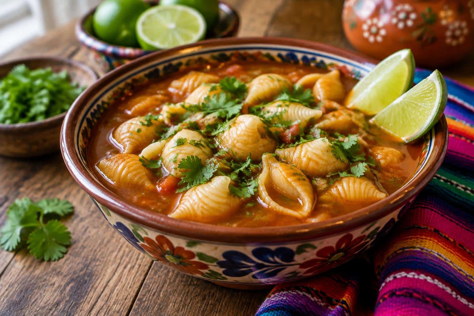 Bowl of Mexican sopa de conchas with pasta shells and garnishes in rich broth