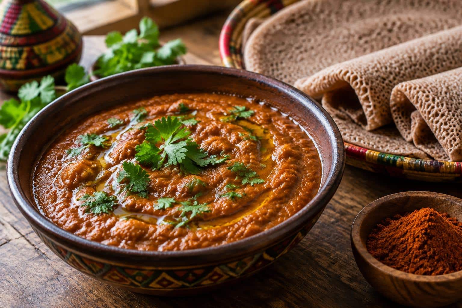 Bowl of Ethiopian shiro wat chickpea stew garnished with cilantro and olive oil