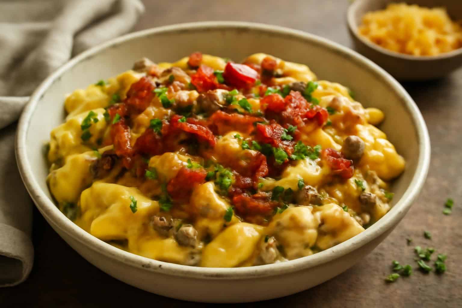 Creamy bacon cheeseburger pasta served in a white bowl garnished with parsley and bacon bits