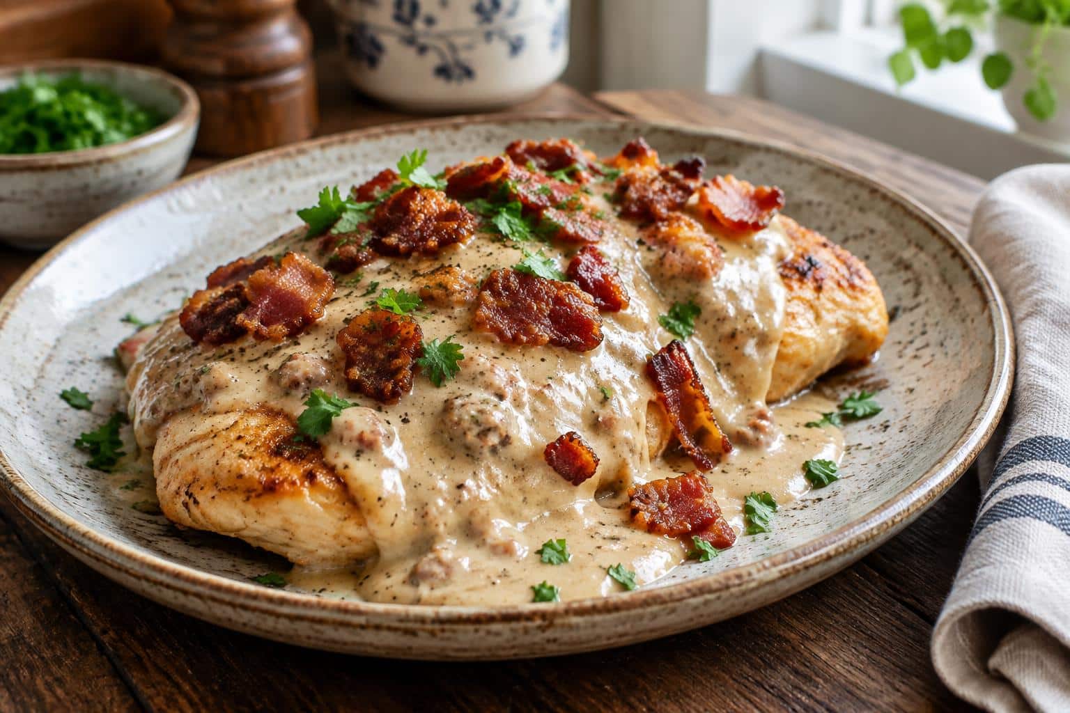 Bacon gravy chicken plated with creamy gravy and crispy bacon bits garnished with parsley