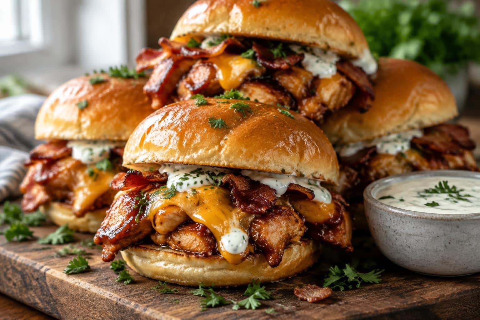 Bacon ranch bbq chicken sliders stacked on a wooden board with melted cheese and crispy bacon