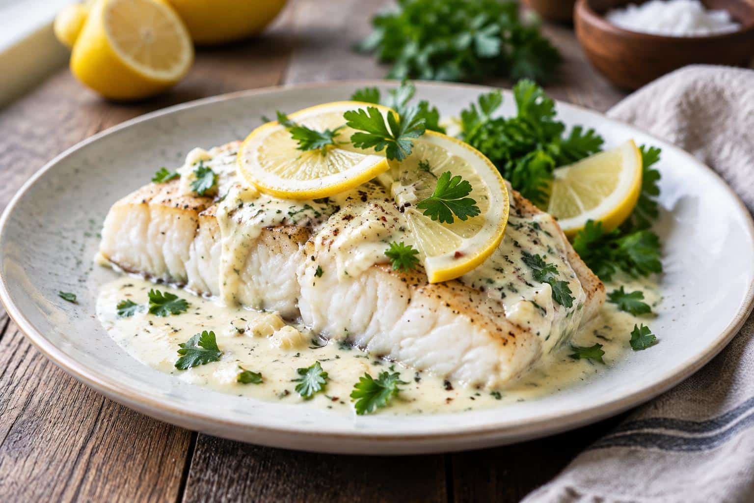Baked cod topped with coconut lemon cream sauce garnished with lemon and parsley