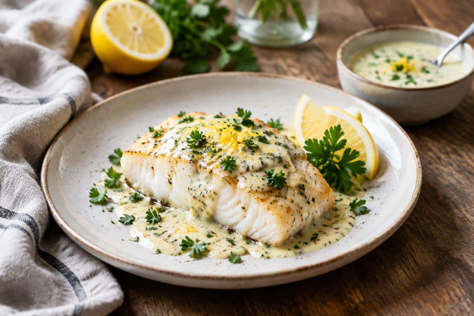 Baked cod in coconut lemon cream sauce garnished with parsley and lemon zest