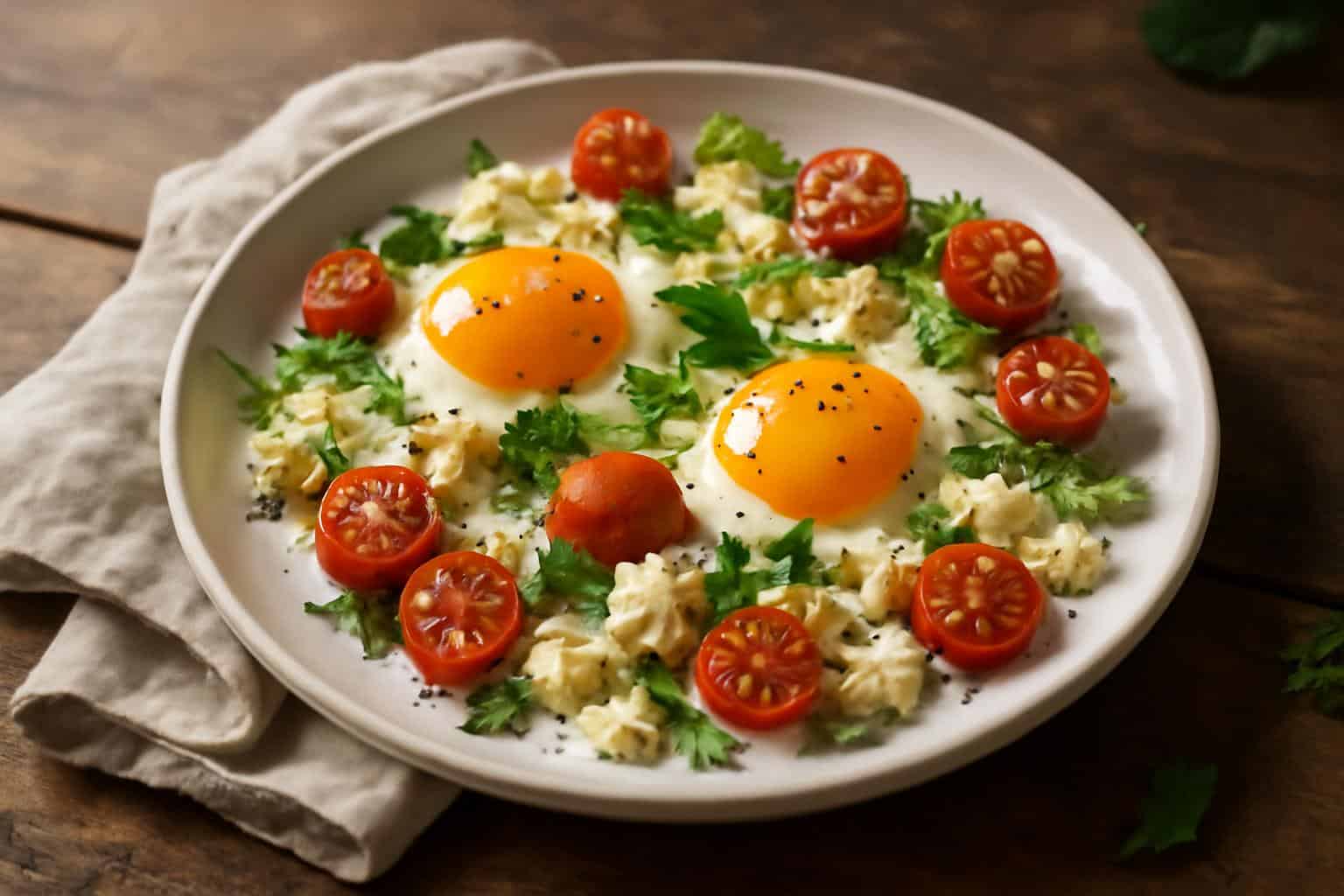 Baked feta eggs breakfast with herbs and cherry tomatoes in a white baking dish, healthy breakfast baked feta eggs