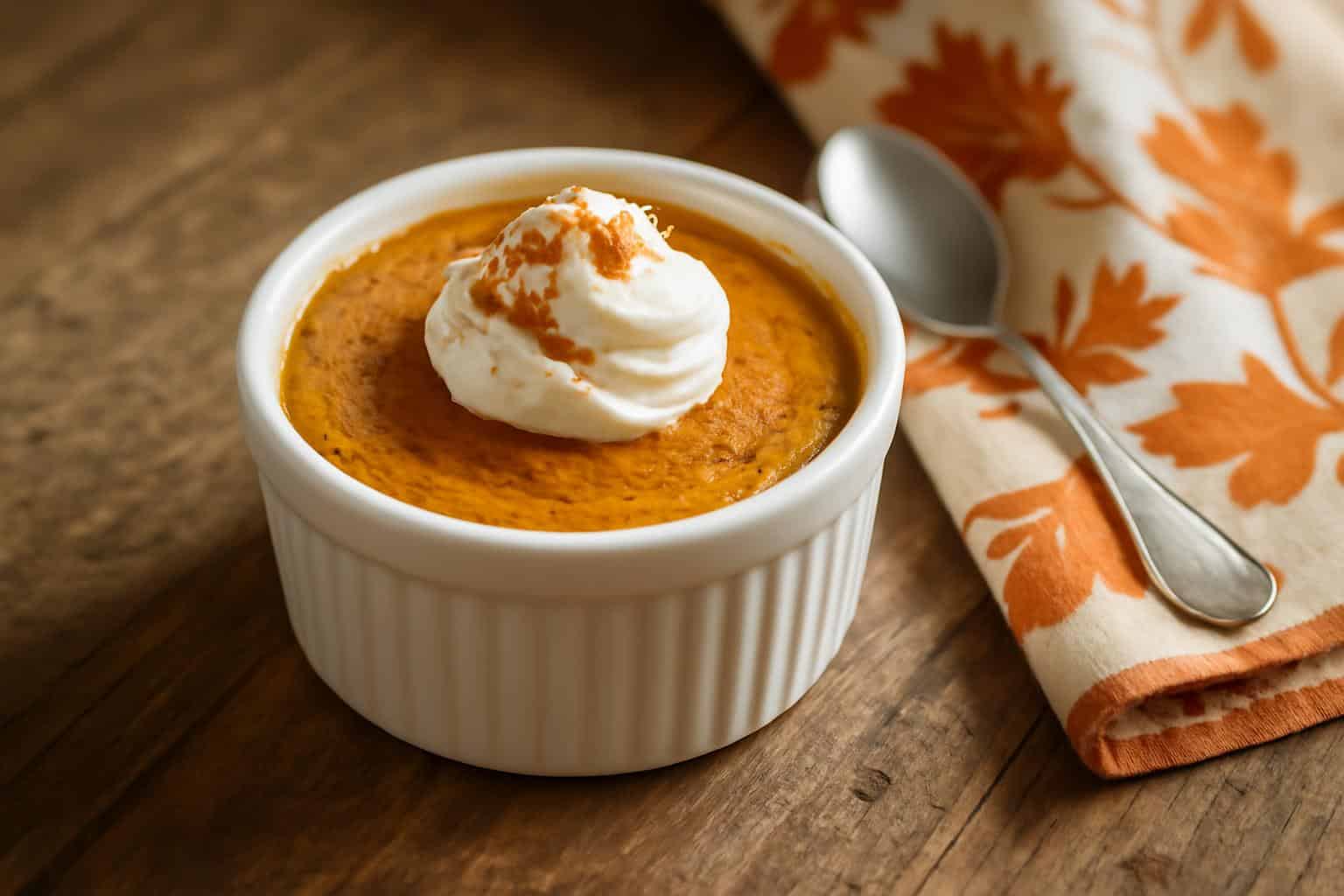 Creamy baked pumpkin pudding dessert in a ramekin garnished with cinnamon and whipped cream