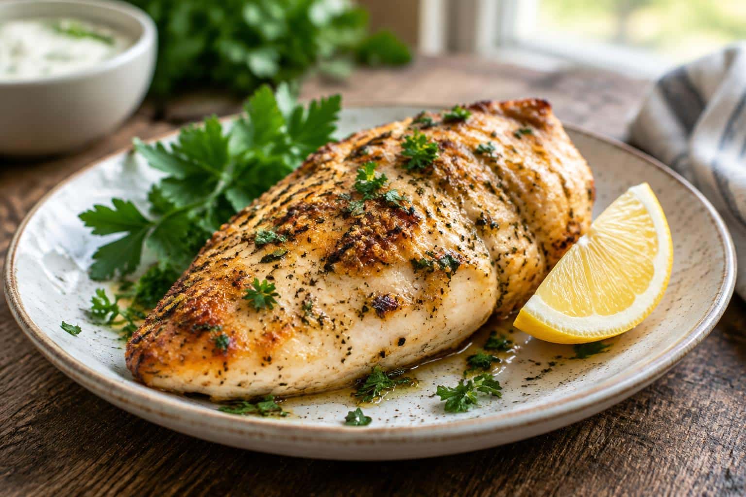 Juicy baked ranch chicken breast with crispy edges and fresh parsley garnish