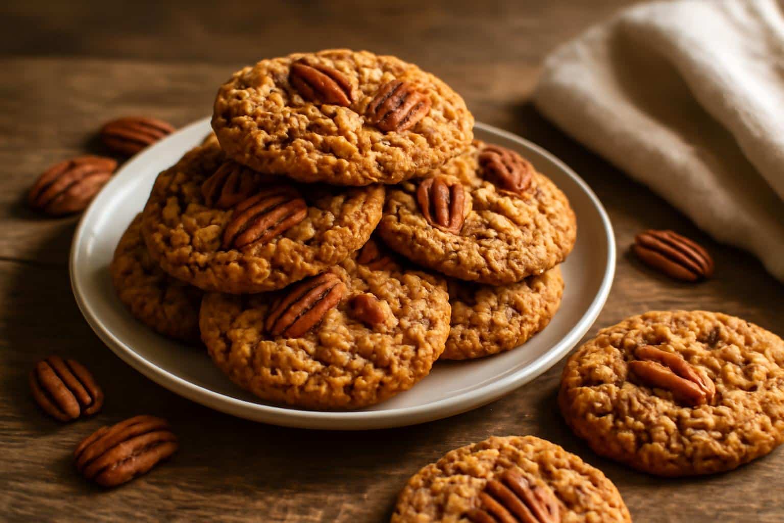 Bakery-style pecan pie oatmeal cookies stacked on a rustic plate with pecan pieces and oats visible