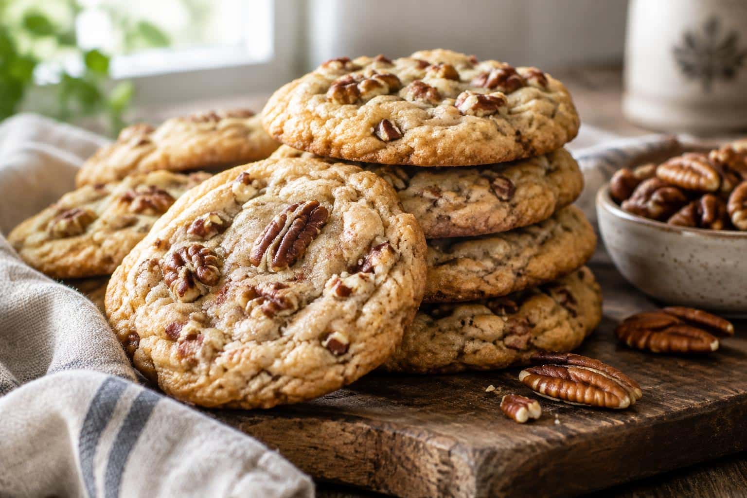 close-up of butter pecan cookies that melt in your mouth with toasted pecans