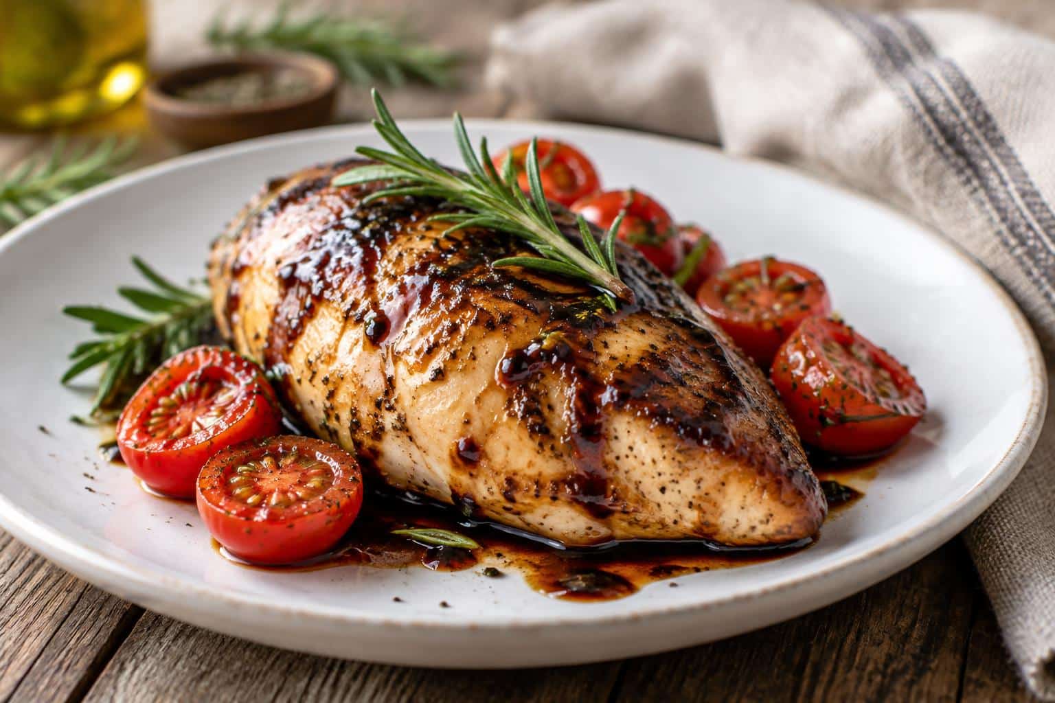 Balsamic baked chicken breast garnished with rosemary and cherry tomatoes on white plate